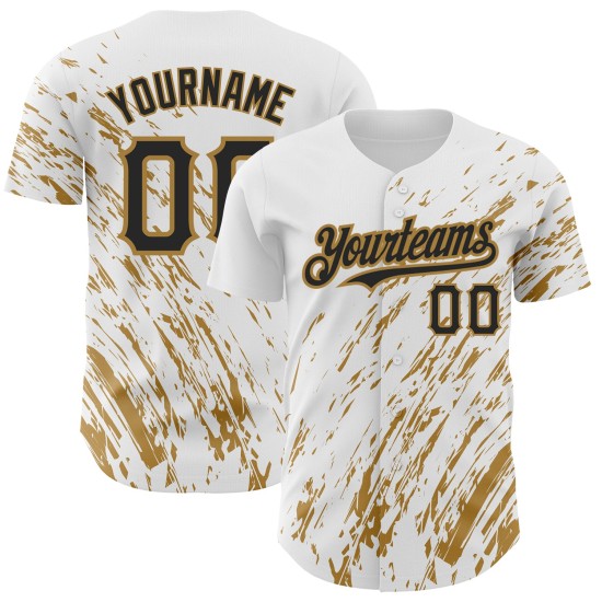 Maglia da baseball astratta con design autentico 3D bianco e nero, modello personalizzato, con schizzi d'oro Maglia da baseball astratta con design autentico 3D bianco e nero, modello personalizzato, con schizzi d'oro