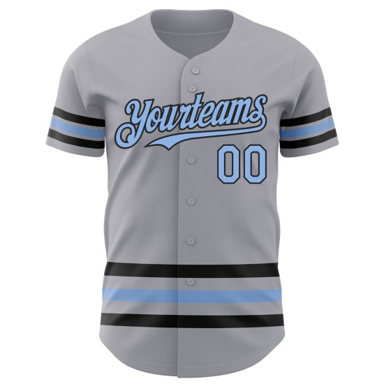 Maglia da baseball grigia personalizzata, linea autentica, blu chiaro-nera Maglia da baseball grigia personalizzata, linea autentica, blu chiaro-nera