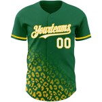 Maglia da baseball Kelly con stampa personalizzata leopardata, modello 3D verde, design bianco-giallo Maglia da baseball Kelly con stampa personalizzata leopardata, modello 3D verde, design bianco-giallo