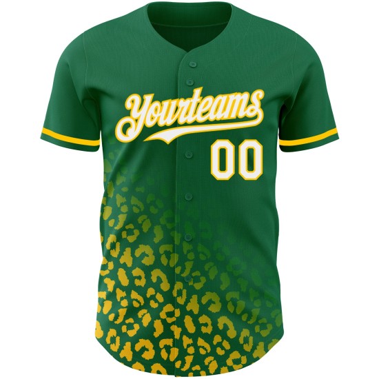 Maglia da baseball Kelly con stampa personalizzata leopardata, modello 3D verde, design bianco-giallo Maglia da baseball Kelly con stampa personalizzata leopardata, modello 3D verde, design bianco-giallo