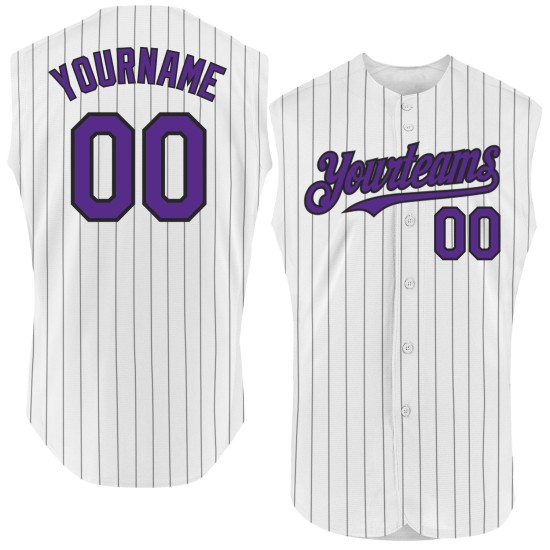Maglia da baseball personalizzata autentica a righe viola nera bianca senza maniche Maglia da baseball personalizzata autentica a righe viola nera bianca senza maniche