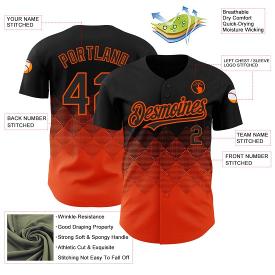 Maglia da baseball personalizzata con motivo quadrato arancione Forme, design autentico 3D nero Maglia da baseball personalizzata con motivo quadrato arancione Forme, design autentico 3D nero