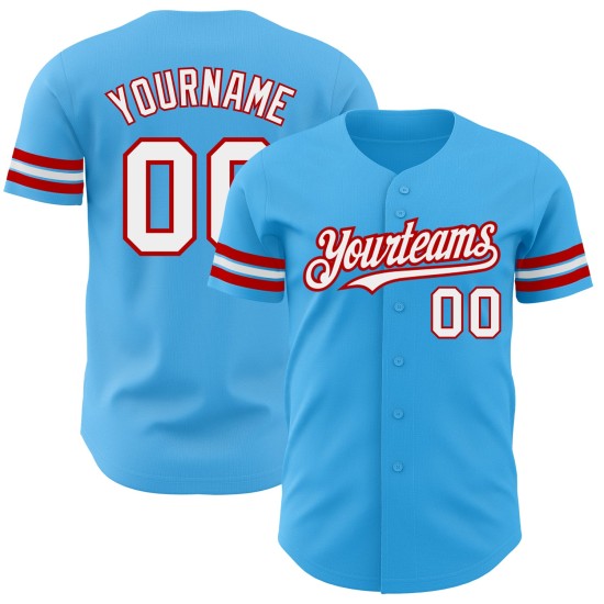 Maglia da baseball autentica personalizzata, blu cielo, bianca e rossa Maglia da baseball autentica personalizzata, blu cielo, bianca e rossa