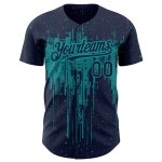 Maglia da baseball con schizzi di vernice gocciolante, autentica, in blu navy e verde acqua, con design 3D personalizzato Maglia da baseball con schizzi di vernice gocciolante, autentica, in blu navy e verde acqua, con design 3D personalizzato