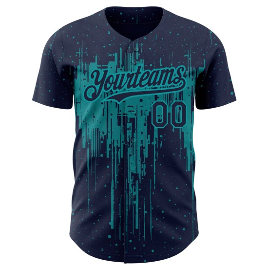 Maglia da baseball con schizzi di vernice gocciolante, autentica, in blu navy e verde acqua, con design 3D personalizzato Maglia da baseball con schizzi di vernice gocciolante, autentica, in blu navy e verde acqua, con design 3D personalizzato