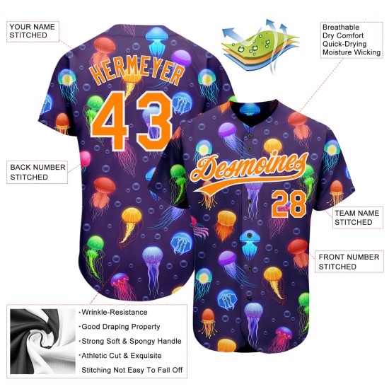 Maglia da baseball personalizzata con motivo a meduse, motivo colorato Bay, arancione-bianco, 3D, autentico cartone animato viola Maglia da baseball personalizzata con motivo a meduse, motivo colorato Bay, arancione-bianco, 3D, autentico cartone animato viola