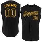 Maglia da baseball personalizzata nera autentica senza maniche color oro Maglia da baseball personalizzata nera autentica senza maniche color oro