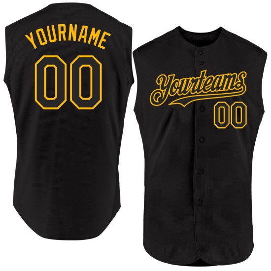 Maglia da baseball personalizzata nera autentica senza maniche color oro Maglia da baseball personalizzata nera autentica senza maniche color oro