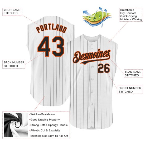 Maglia da baseball senza maniche bianca arancione autentica nera a righe personalizzata Maglia da baseball senza maniche bianca arancione autentica nera a righe personalizzata
