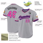 Maglia da baseball personalizzata retrò, autentica, grigia, viola e rosa Maglia da baseball personalizzata retrò, autentica, grigia, viola e rosa
