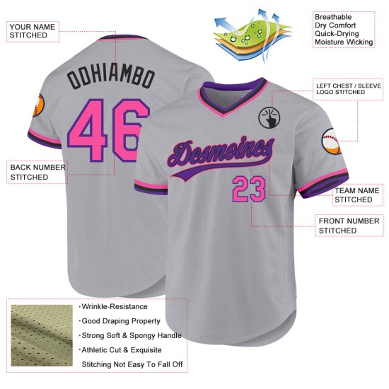 Maglia da baseball personalizzata retrò, autentica, grigia, viola e rosa Maglia da baseball personalizzata retrò, autentica, grigia, viola e rosa