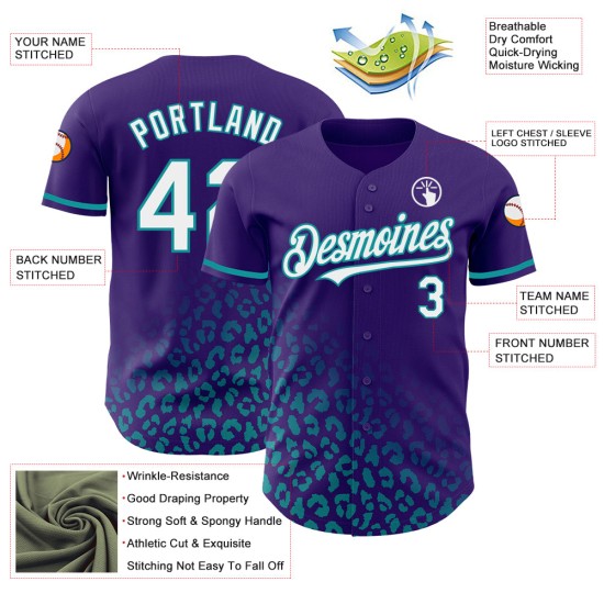 Maglia da baseball bianca e verde acqua, motivo leopardato, stampa 3D personalizzata, stile vintage, sfumatura viola Maglia da baseball bianca e verde acqua, motivo leopardato, stampa 3D personalizzata, stile vintage, sfumatura viola