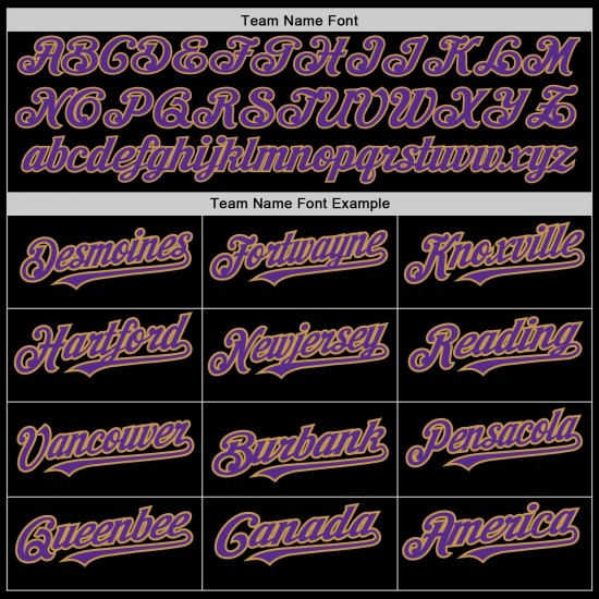 Maglia da baseball con maniche personalizzate, autentica, nera e viola, con 3 colori, modello Gold Shapes Maglia da baseball con maniche personalizzate, autentica, nera e viola, con 3 colori, modello Gold Shapes