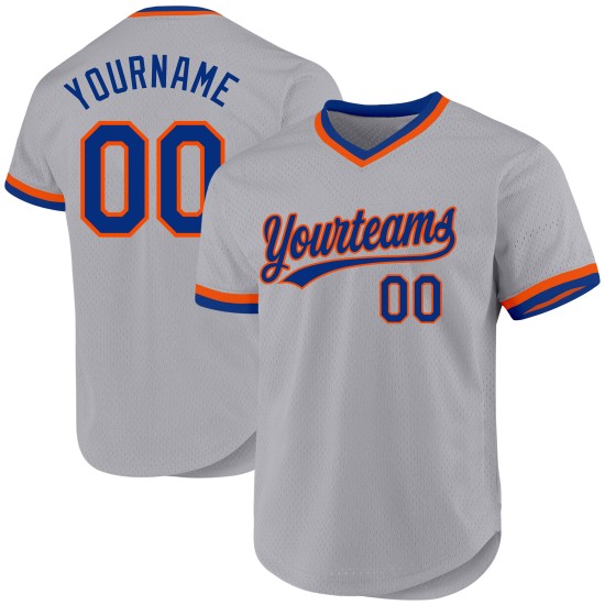 Maglia da baseball autentica retrò grigia blu-arancio personalizzata Maglia da baseball autentica retrò grigia blu-arancio personalizzata