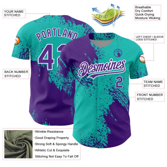 Baseball Aqua Autentico Motivo Tratto 3D Maglia Personalizzata Design Pennello Viola-Bianco Astratto Baseball Aqua Autentico Motivo Tratto 3D Maglia Personalizzata Design Pennello Viola-Bianco Astratto