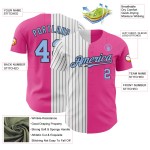 Maglia da baseball a righe rosa personalizzata, autentica, azzurra e nera Maglia da baseball a righe rosa personalizzata, autentica, azzurra e nera