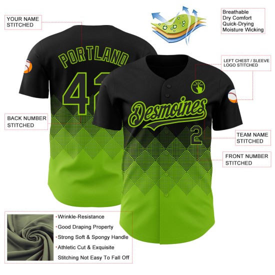 Maglia da baseball con motivo 3D personalizzato quadrato, nera neon, autentica, sfumata, verde, forme Maglia da baseball con motivo 3D personalizzato quadrato, nera neon, autentica, sfumata, verde, forme
