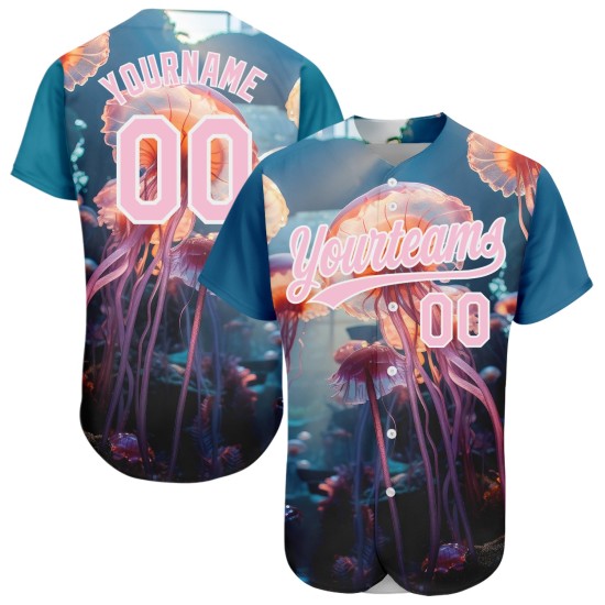 Maglia da baseball rosa-bianca con motivo a meduse galleggianti, 3D, motivo Oceano, autentico e personalizzato Maglia da baseball rosa-bianca con motivo a meduse galleggianti, 3D, motivo Oceano, autentico e personalizzato