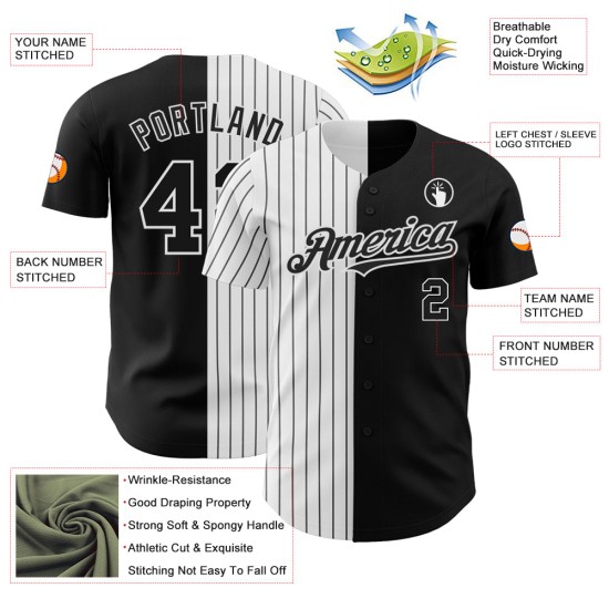 Maglia da baseball a righe bianche e nere personalizzata, autentica e alla moda, nera Maglia da baseball a righe bianche e nere personalizzata, autentica e alla moda, nera