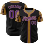Maglia da baseball con maniche personalizzate, autentica, nera e viola, con 3 colori, modello Gold Shapes Maglia da baseball con maniche personalizzate, autentica, nera e viola, con 3 colori, modello Gold Shapes