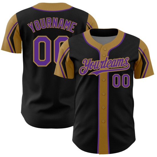 Maglia da baseball con maniche personalizzate, autentica, nera e viola, con 3 colori, modello Gold Shapes Maglia da baseball con maniche personalizzate, autentica, nera e viola, con 3 colori, modello Gold Shapes
