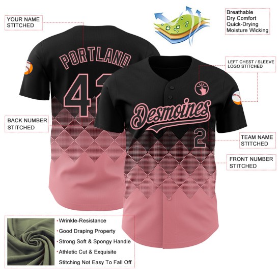 Maglia da baseball con design autentico, forme personalizzate, taglia media, nera, motivo quadrato 3D rosa sfumato Maglia da baseball con design autentico, forme personalizzate, taglia media, nera, motivo quadrato 3D rosa sfumato