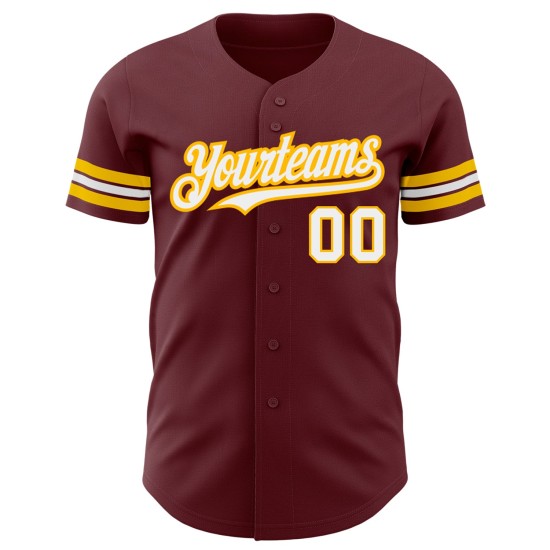 Maglia da baseball personalizzata autentica bordeaux, bianca e oro Maglia da baseball personalizzata autentica bordeaux, bianca e oro