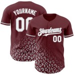 Maglia da baseball con stampa leopardata sbiadita personalizzata, modello 3D bordeaux autentico, bianco-grigio Maglia da baseball con stampa leopardata sbiadita personalizzata, modello 3D bordeaux autentico, bianco-grigio