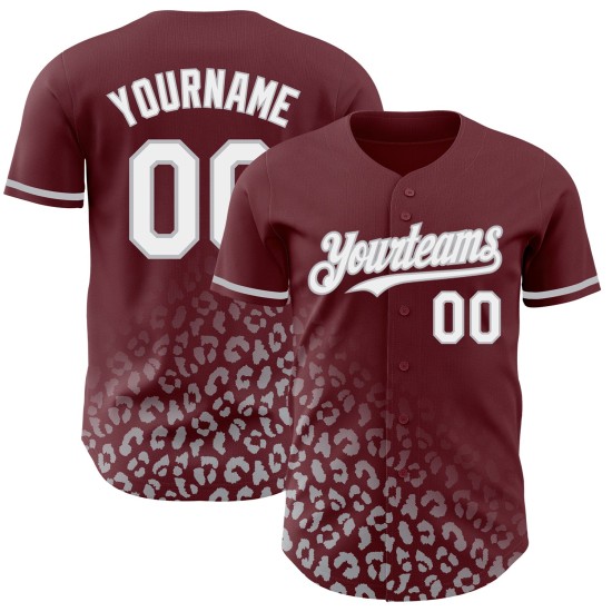 Maglia da baseball con stampa leopardata sbiadita personalizzata, modello 3D bordeaux autentico, bianco-grigio Maglia da baseball con stampa leopardata sbiadita personalizzata, modello 3D bordeaux autentico, bianco-grigio