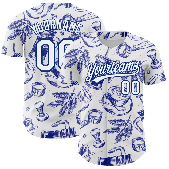 Maglia da baseball Day Royal International bianca con motivo autentico color caffè, design personalizzato 3D Maglia da baseball Day Royal International bianca con motivo autentico color caffè, design personalizzato 3D