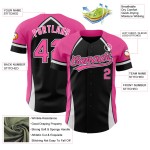 Maglia da baseball curva rosa-bianca con motivo personalizzato autentico 3D nero solido Maglia da baseball curva rosa-bianca con motivo personalizzato autentico 3D nero solido