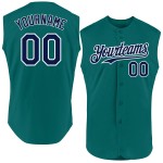 Maglia da baseball autentica personalizzata senza maniche blu navy e bianca, color verde acqua Maglia da baseball autentica personalizzata senza maniche blu navy e bianca, color verde acqua