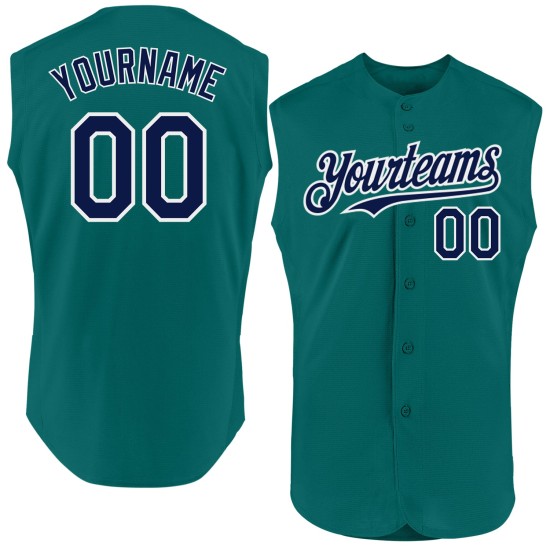 Maglia da baseball autentica personalizzata senza maniche blu navy e bianca, color verde acqua Maglia da baseball autentica personalizzata senza maniche blu navy e bianca, color verde acqua