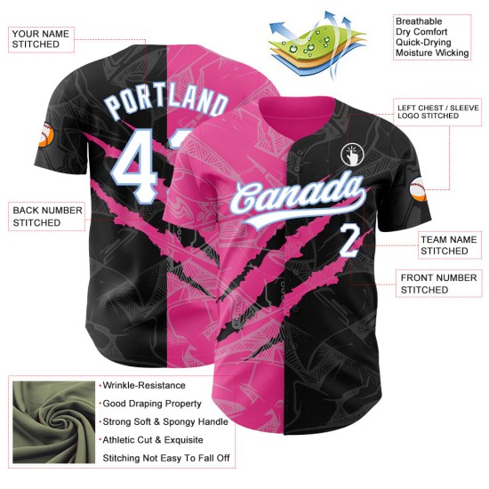 Maglia da baseball personalizzata con motivo graffiti 3D blu, nera, autentica, rosa chiaro Maglia da baseball personalizzata con motivo graffiti 3D blu, nera, autentica, rosa chiaro