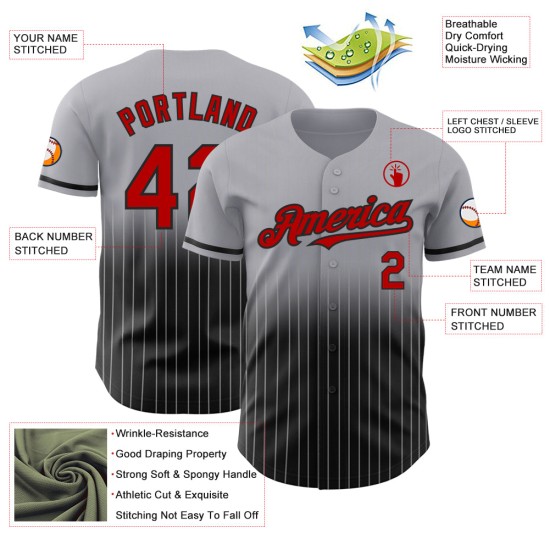 Maglia da baseball Fade Pinstripe Fashion personalizzata autentica grigia rossa e nera Maglia da baseball Fade Pinstripe Fashion personalizzata autentica grigia rossa e nera