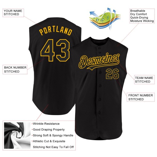 Maglia da baseball personalizzata nera autentica senza maniche color oro Maglia da baseball personalizzata nera autentica senza maniche color oro