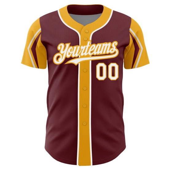 Maglia da baseball Shapes Colors Autentica Personalizzata Borgogna Braccio 3 Bianco-Oro Maglia da baseball Shapes Colors Autentica Personalizzata Borgogna Braccio 3 Bianco-Oro