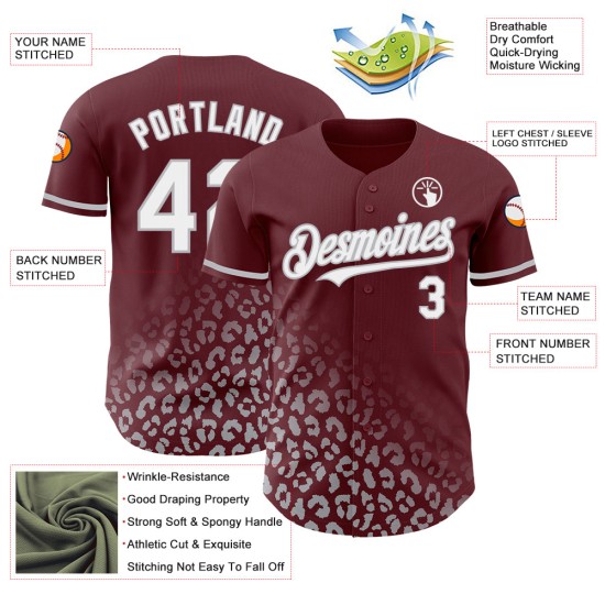 Maglia da baseball con stampa leopardata sbiadita personalizzata, modello 3D bordeaux autentico, bianco-grigio Maglia da baseball con stampa leopardata sbiadita personalizzata, modello 3D bordeaux autentico, bianco-grigio