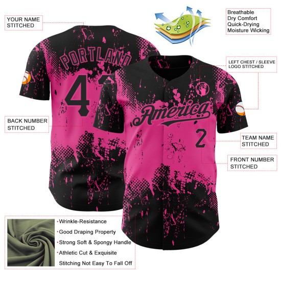 Maglia da baseball personalizzata in 3D, autentica, con motivo grunge, design nero, arte, schizzi rosa e astratti. Maglia da baseball personalizzata in 3D, autentica, con motivo grunge, design nero, arte, schizzi rosa e astratti.