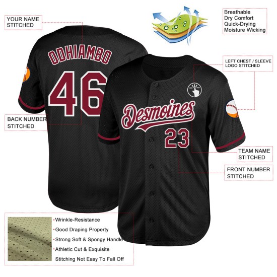 Maglia da baseball personalizzata nera, autentica, stile retrò, in cremisi e bianco Maglia da baseball personalizzata nera, autentica, stile retrò, in cremisi e bianco