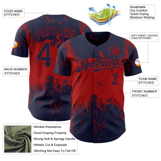 Maglia da baseball rossa con motivo astratto grunge blu navy, autentica arte 3D personalizzata, design a schizzi Maglia da baseball rossa con motivo astratto grunge blu navy, autentica arte 3D personalizzata, design a schizzi