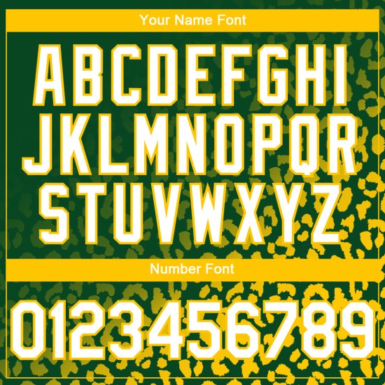 Maglia da baseball Kelly con stampa personalizzata leopardata, modello 3D verde, design bianco-giallo Maglia da baseball Kelly con stampa personalizzata leopardata, modello 3D verde, design bianco-giallo