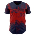 Maglia da baseball rossa con motivo astratto grunge blu navy, autentica arte 3D personalizzata, design a schizzi Maglia da baseball rossa con motivo astratto grunge blu navy, autentica arte 3D personalizzata, design a schizzi