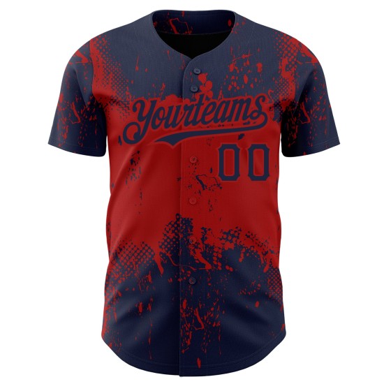 Maglia da baseball rossa con motivo astratto grunge blu navy, autentica arte 3D personalizzata, design a schizzi Maglia da baseball rossa con motivo astratto grunge blu navy, autentica arte 3D personalizzata, design a schizzi