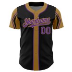 Maglia da baseball con maniche personalizzate, autentica, nera e viola, con 3 colori, modello Gold Shapes Maglia da baseball con maniche personalizzate, autentica, nera e viola, con 3 colori, modello Gold Shapes