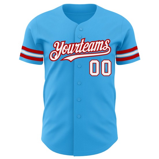 Maglia da baseball autentica personalizzata, blu cielo, bianca e rossa Maglia da baseball autentica personalizzata, blu cielo, bianca e rossa