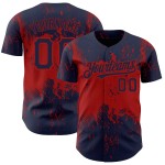 Maglia da baseball rossa con motivo astratto grunge blu navy, autentica arte 3D personalizzata, design a schizzi Maglia da baseball rossa con motivo astratto grunge blu navy, autentica arte 3D personalizzata, design a schizzi
