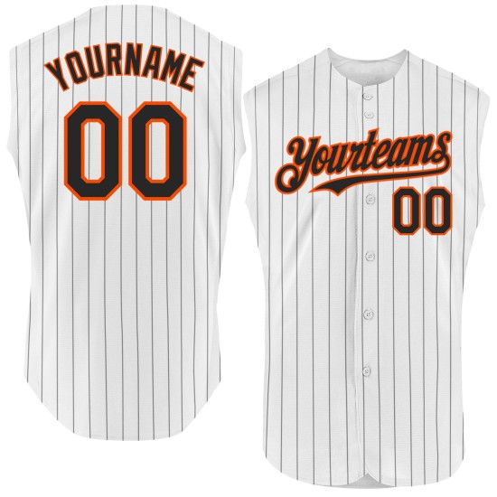 Maglia da baseball senza maniche bianca arancione autentica nera a righe personalizzata Maglia da baseball senza maniche bianca arancione autentica nera a righe personalizzata