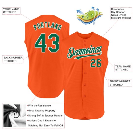 Maglia da baseball Kelly arancione autentica, verde-bianca, personalizzata, senza maniche Maglia da baseball Kelly arancione autentica, verde-bianca, personalizzata, senza maniche