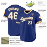 Maglia da baseball retrò personalizzata, autentica, bianca, vecchia, blu e oro Maglia da baseball retrò personalizzata, autentica, bianca, vecchia, blu e oro